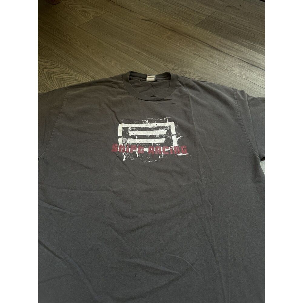 Y2K Gray T-Shirt with distressed white racing graphic